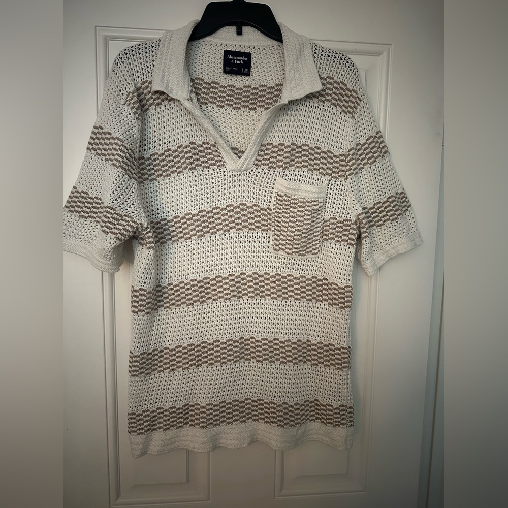 ABERCROMBIE&FITCH‎ Crochet pocket polo, Beige&White Stripes, Size M